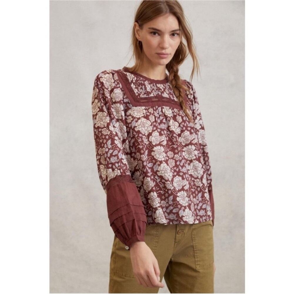 Cleobella Anthropologie Raffia Brown Floral Peasant Top Pintuck Lace Details XS